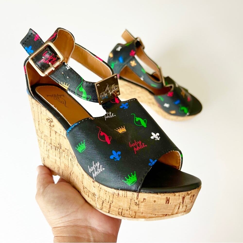 Vintage 2000s Y2K Baby Phat Rainbow Logo Platform Wedge Open Toe Heels Size 6